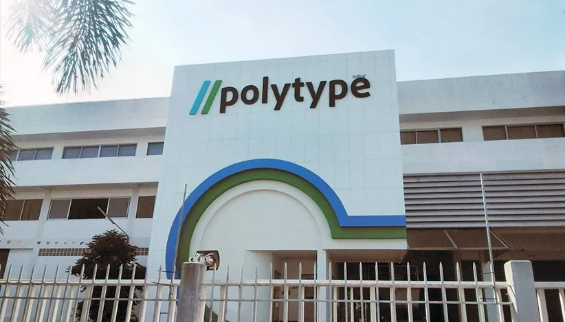 ป้ายตัวอักษรโลโก้ขนาดใหญ่ติดหน้าตึกบริษัท POLYTYPE นิคมอุตสาหกรรมเวลโกรว์ ฉะเชิงเทรา